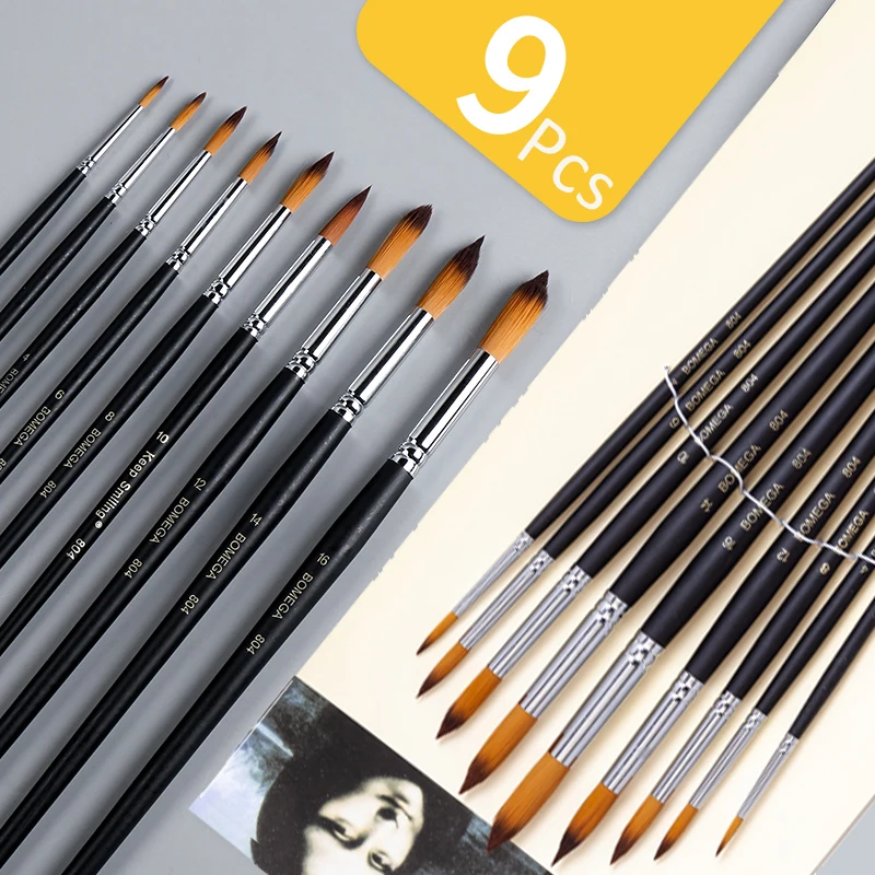 9pcs/set Nylon Hair Oil Paint Brush Round Painting Brush For Watercolor,Oil,Acrylic Brush pincel para pintura Art Supplies