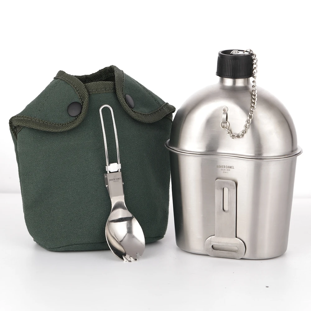 Rover Camel US Army Stainless Steel Canteen Military kettle/Cup and Titanium spork set with Green Nylon Cover for Camping Hiking