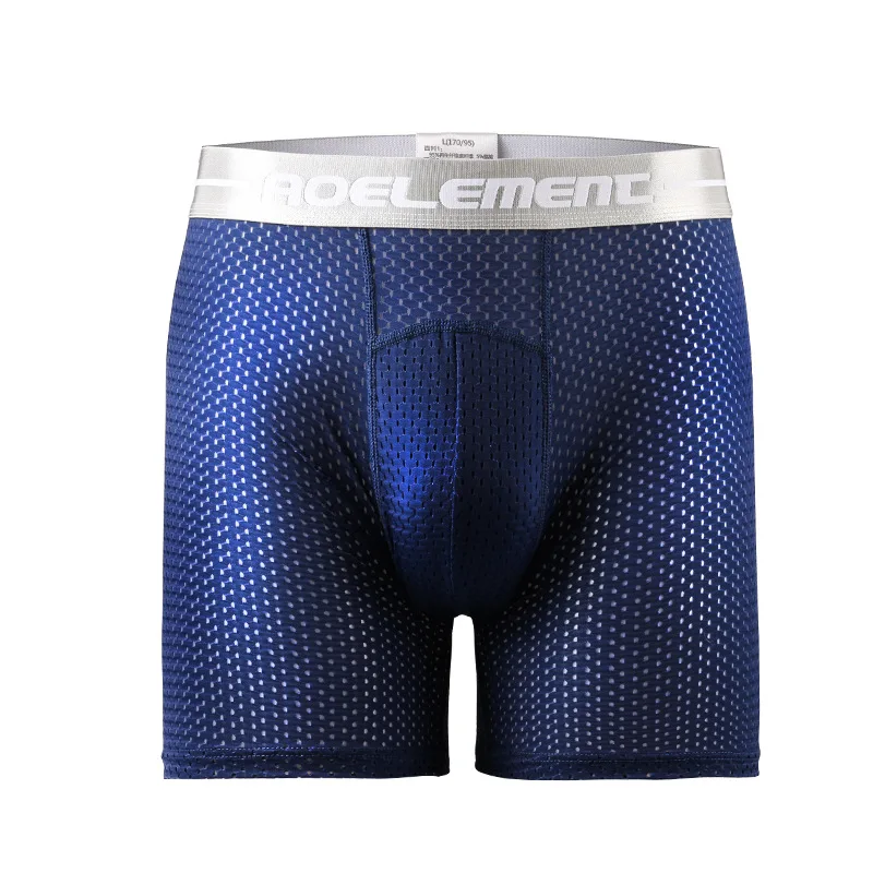 Boxers de malha de seda gelo masculino, roupa interior respirável, calcinha convexa em U, cueca de perna longa média tamanho grande