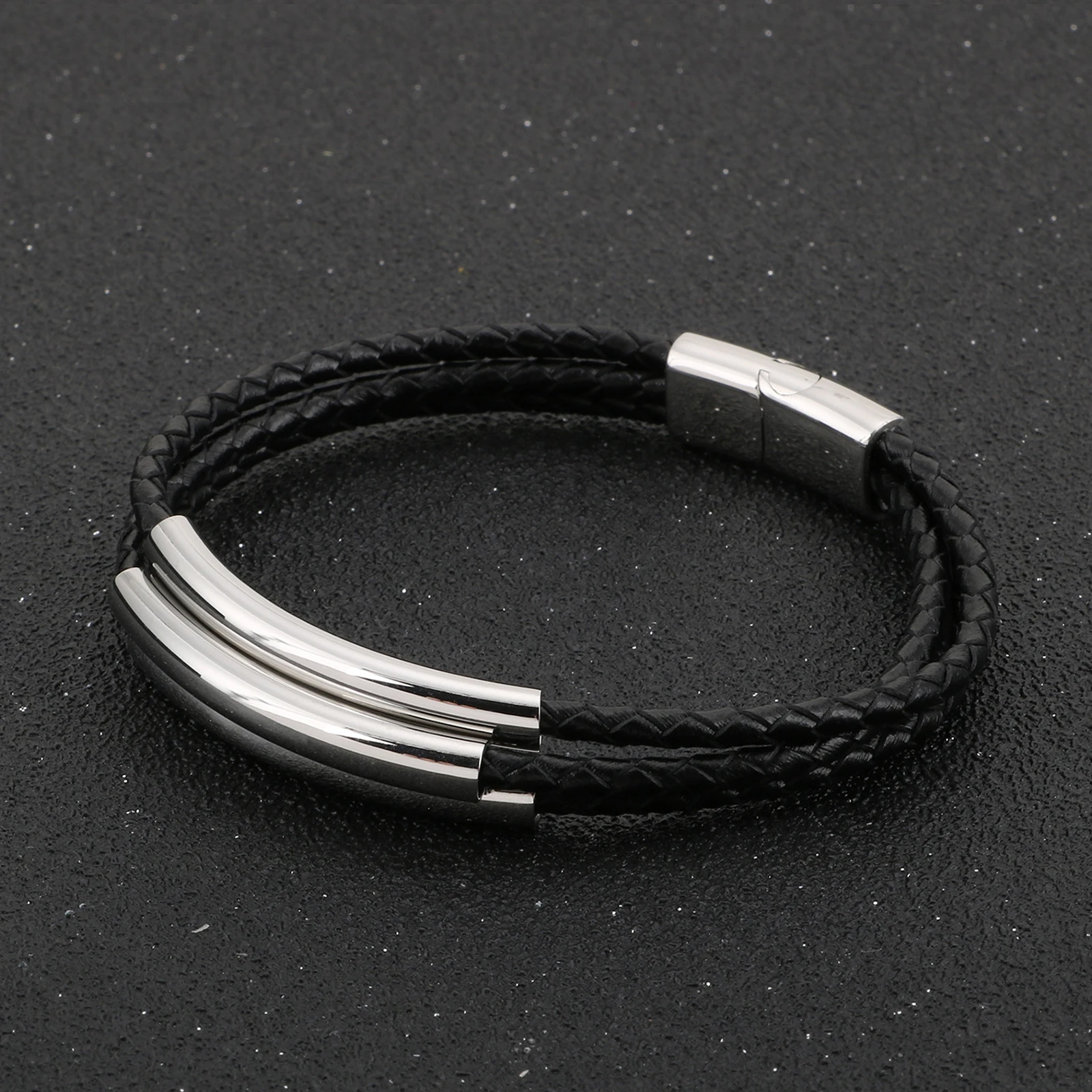 

HaoYi Trendy Men's Leather Bracelet Silver Color/Gold Pop Punk Woven Stainless Steel Jewelry