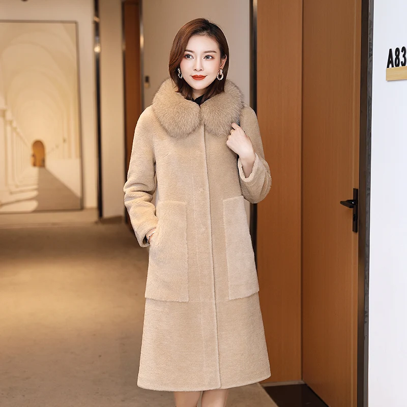 

Long Sheep Shearing Vintage Jacket Women Winter Natural Fox Fur Collar Real Fur Coat Female 100% Wool Jackets Fur Top Hiver 9909