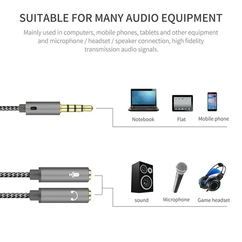 NylonBraided jack Splitter of Stereo Audio 1 in 2 out 3.5mm trrs Adapter, Headphones Microphones Cable Adapter Rallonge Jack