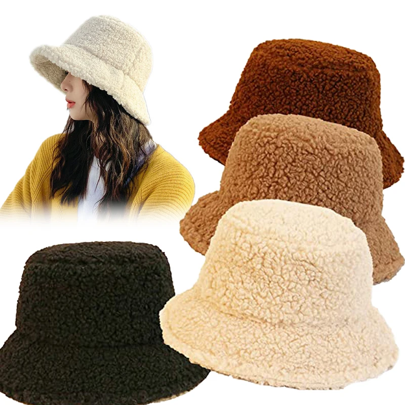 2021 Lamb Wool Faux Fur Bucket Hat Winter Warm Teddy Velvet Hats for Women Lady Thicken Bob Panama Outdoor Fisherman Hat Caps