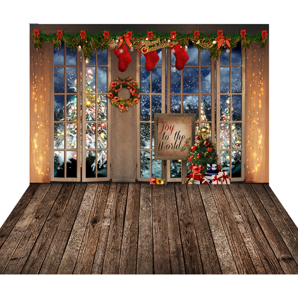 Photography Backdrops Christmas Party Background Cuddle Up Dark Wooden Cozy Cabin Room Backdrops Window Light Tree Gifts Stove