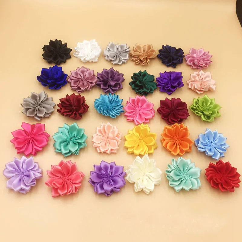 200pcs/lot 32 colors Handmade DIY Satin ribbon fabric Flowers for headbands hair accessory Wedding  Kids baby