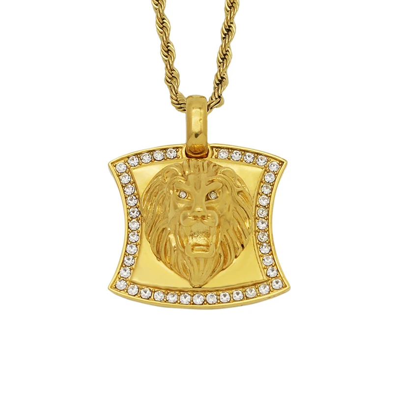 Hip Hop Bling Iced Out Rhinestones Stainless Steel Solid Male Lion Pendants Necklace for Men Rapper Jewelry