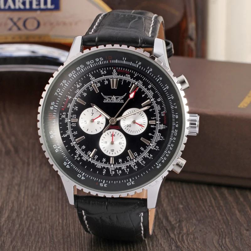 JARAGAR Watch Fashion style three eye ring mechanical movement mechanical watch Gear round black belt wrist watch