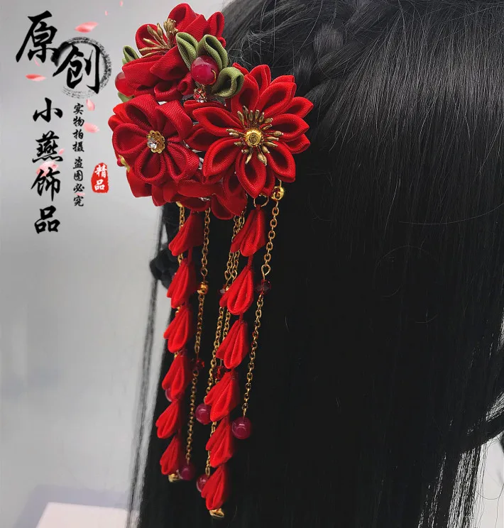 2024 Original New Hand-made Zephyr Japanese Hairpin Fine Work Tassel Hanfu Photo Headdress Wine Red Red Hair Clip Hair Clasp