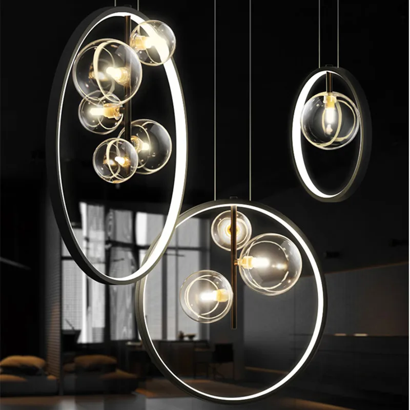 ostmodern black pendant light led round glass pendant light Loft Dining Room Kitchen Bar Lighting Dia 28/40/50cm cafe lighting