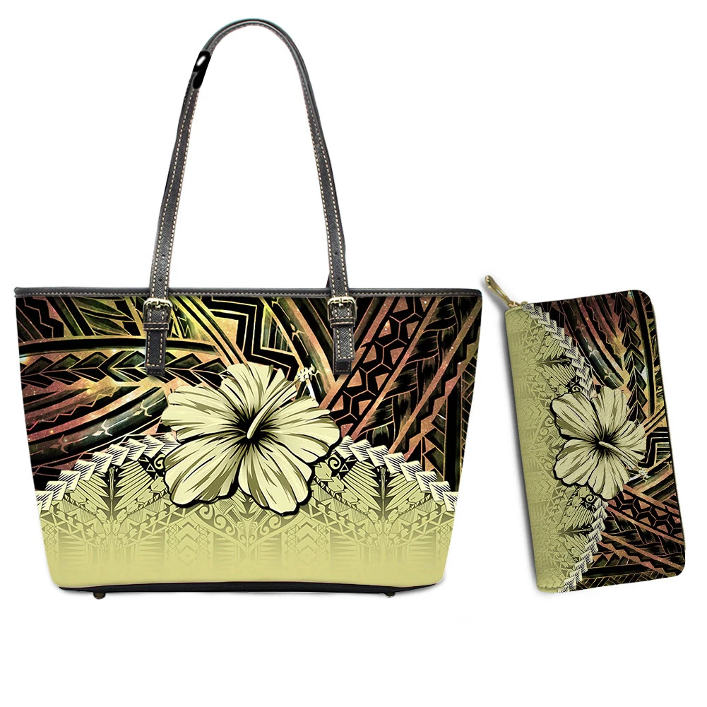 Vintage Polynesian Tribal Hibiscus Pattern Fashion Female 2pcs/Set Pu Zip Shoulder Bag with Coin Pocket Purse 2021