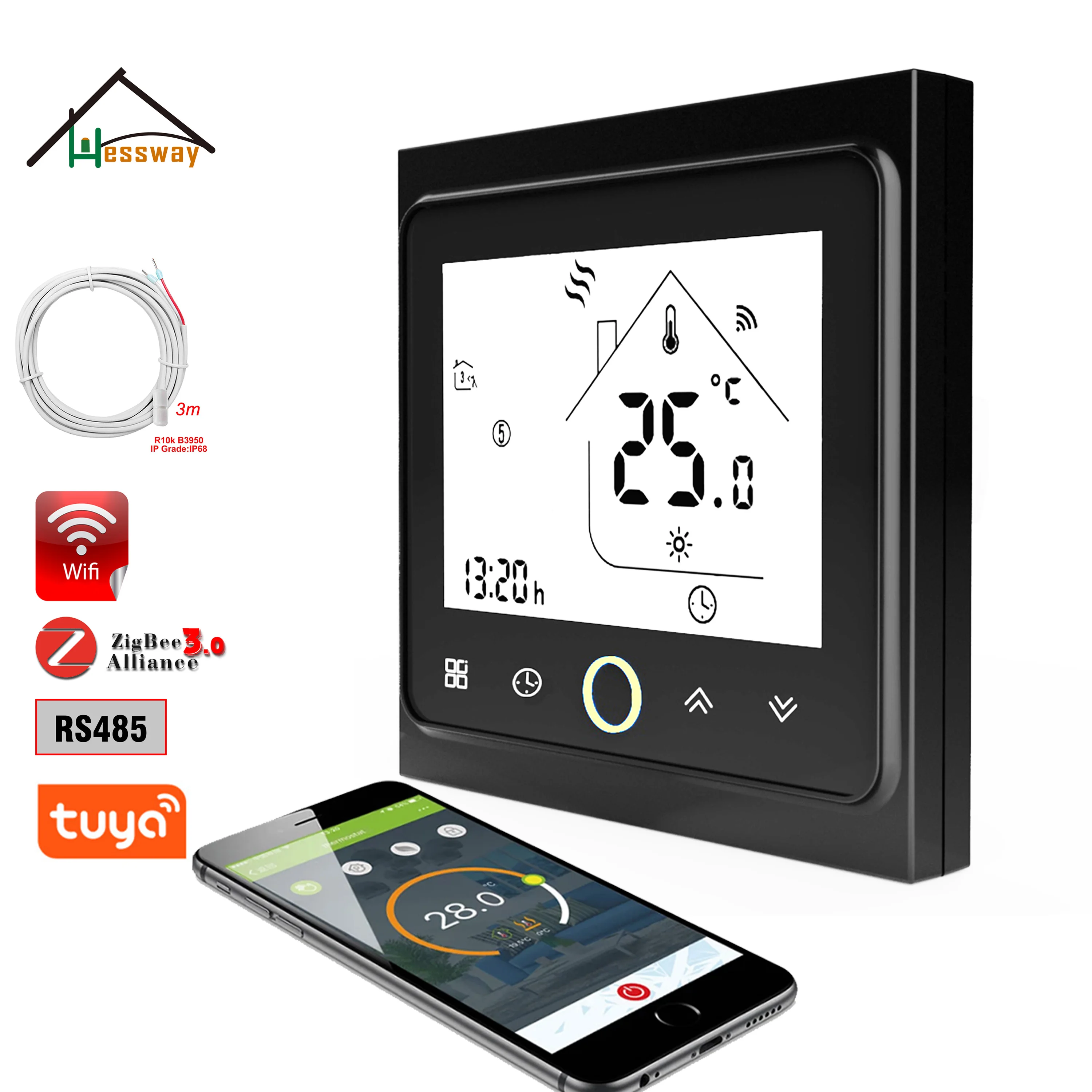 Imagem -02 - Hessway 220v 24v Piso Aquecimento Termostato Wifi Modubus Zigbee para Sensor Duplo nc Não Contato Seco Interruptor de Relé de Calor Elétrico