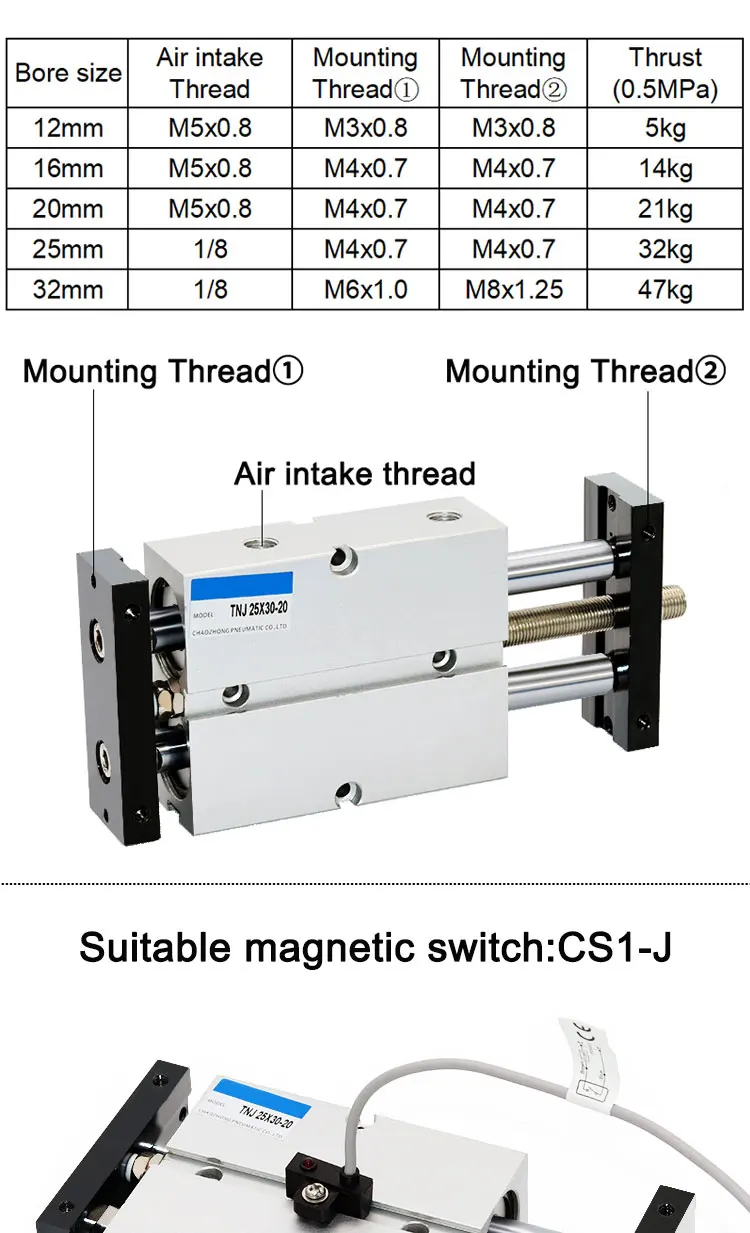 TNJ Pneumatischer Luftzylinder mit Einstellbarem Hub, Doppeltwirkend, Doppelwelle, Doppelstangen-Zylinder für Automatisierungsanlagen, Kolben – Detail 2