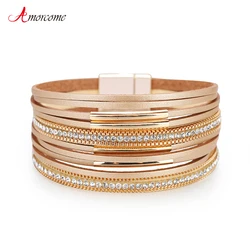 Amorcome Multilayer Leather Wrap Bracelet Handmade Braided Chain Metal Bar Cuff Bangle Magnet Buckle Bracelets for Women Girls