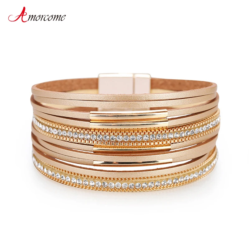 Amorcome Multilayer Leather Wrap Bracelet Handmade Braided Chain Metal Bar Cuff Bangle Magnet Buckle Bracelets for Women Girls