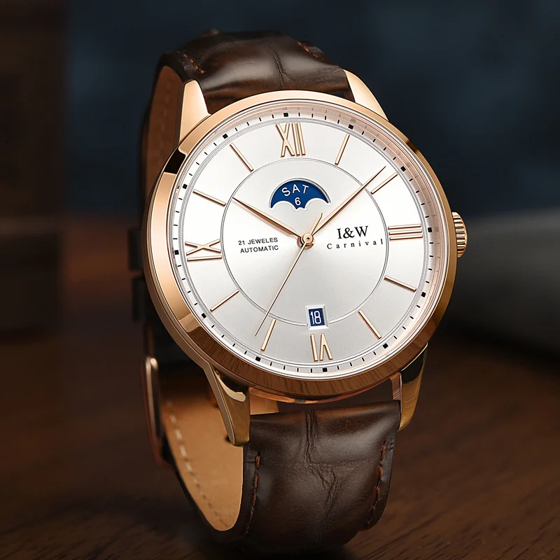 Switzerland I&W Carnival Moon phase GMT Automatic Mechanical Watch Men MIYOTA Sapphire Genuine Leather Strap Wristwatches montre