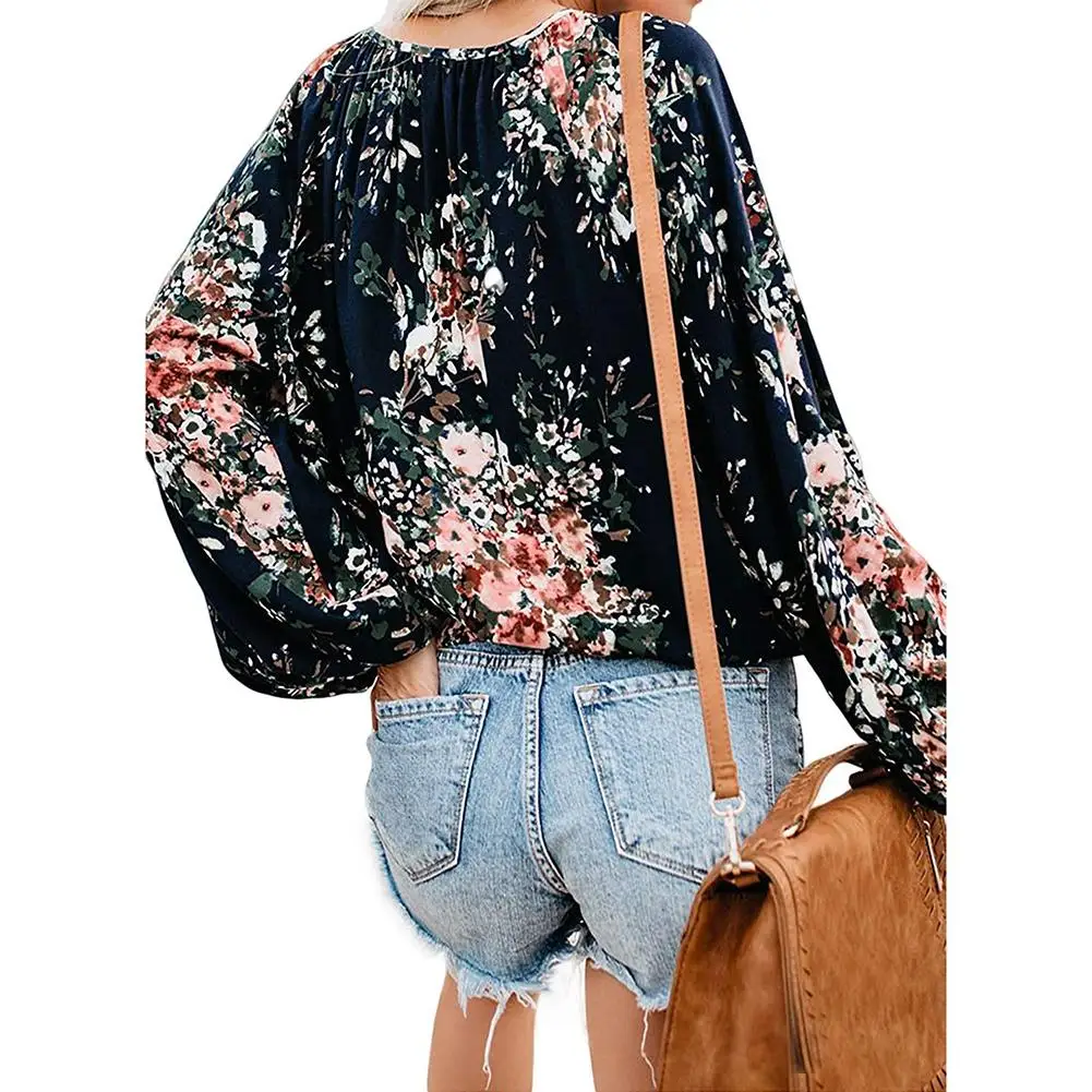 Nova chegada! 80%! Boho Floral Print Tassel Drawstring V-Neck manga comprida blusa solta feminino, Top feminino