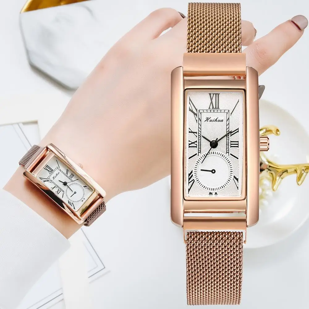 Women Square Dial Plush Watches Ultra Thin Mesh Belt Magnetic Quartz Clock Ladies Dress Watch Classic Rose Gold Bracelet Clock