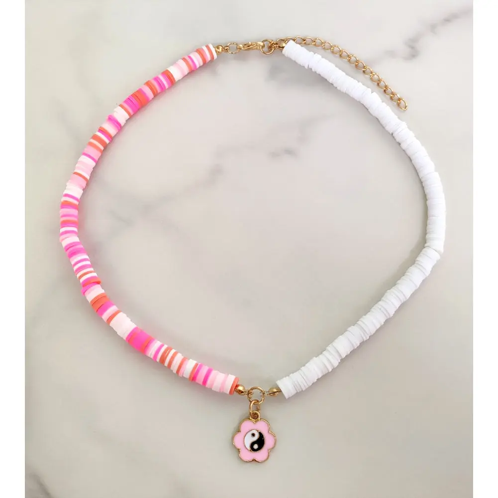 Pink Yin Yang Flower Soft Clay Beads Choker Necklace For Women Crystal Mary Portrait Cross Beaded Necklaces Bohemia Jewelry Gift