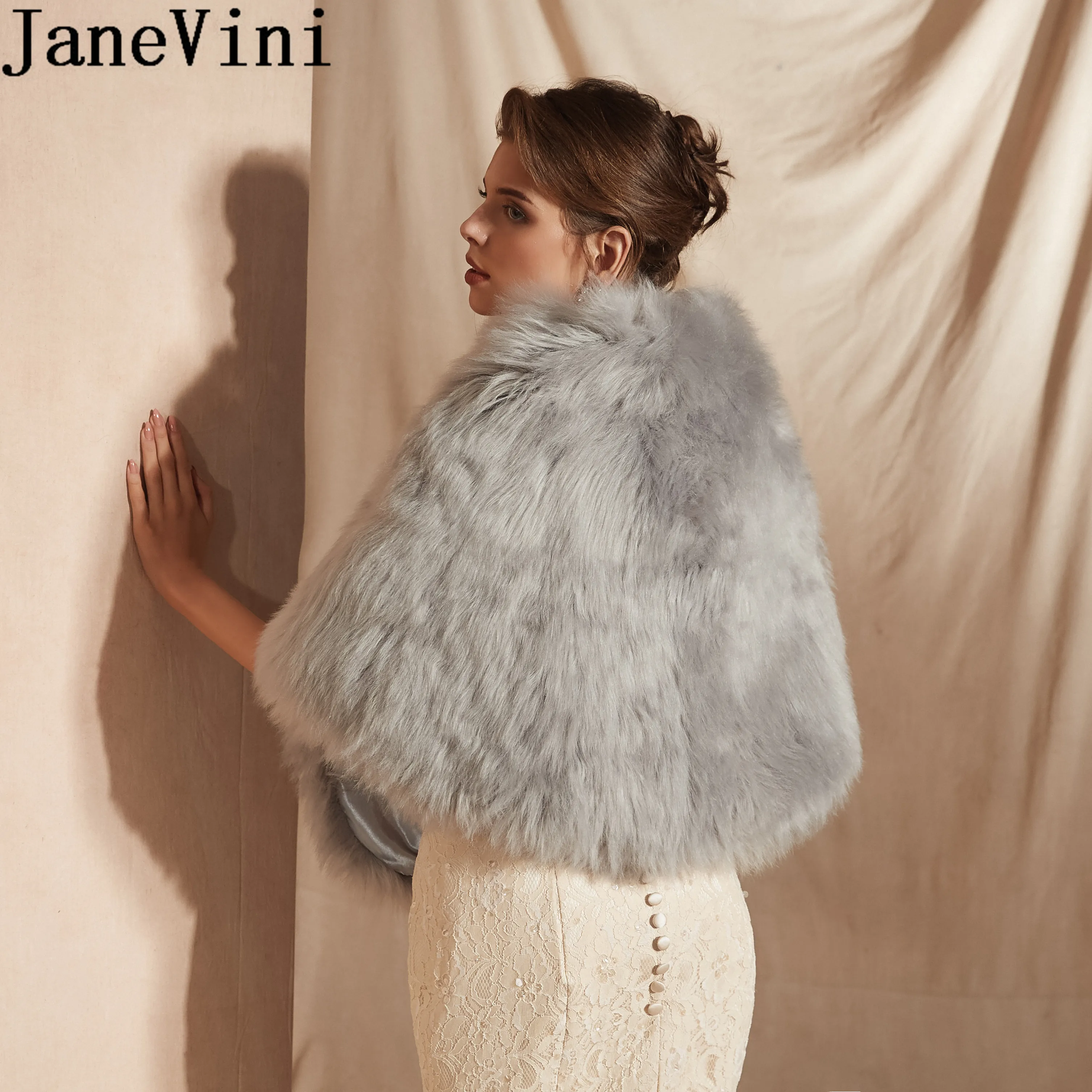 JaneVini Da Cerimonia Nuziale di Inverno Cappotto di Pelliccia Grigio Faux Fur Wrap Da Sposa Dello Scialle Del Capo Donna Promenade di Sera Stola