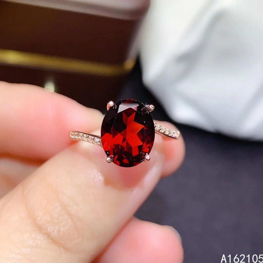 

925 Pure Silver Chinese Style Natural Garnet Women's Luxury Exquisite Simple Oval Adjustable Gem Ring Fine Jewelry Support Detec