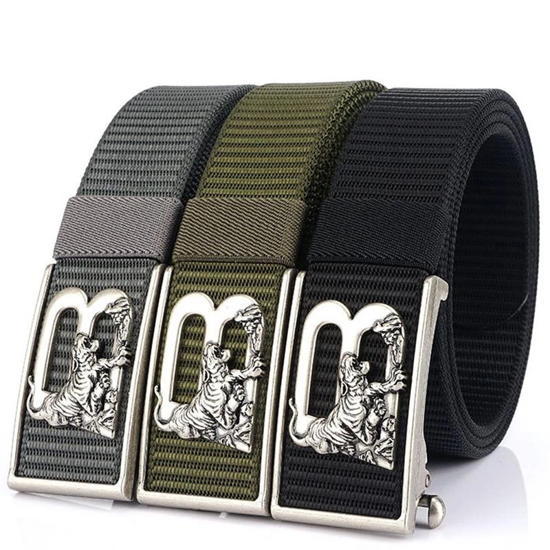 SupSindy Man's Nylon Belt Luxury Gold Tiger Metal Automatic Buckle Canvas Belts for Men Fashion Jeans Waistband Black Male Strap