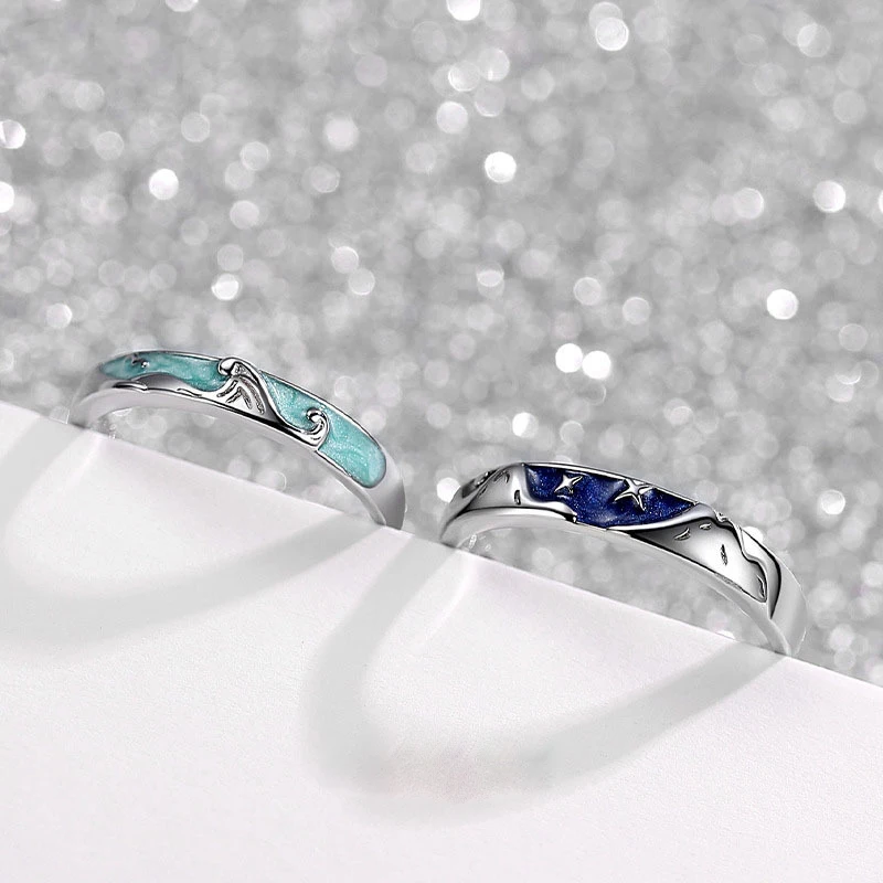 جديد Couple البيع زوجين فضي اللون الإبداعية السماء المرصعة بالنجوم البحر قابل للتعديل حلقة لمسافات طويلة الحب الذكرى هدية J465 #2