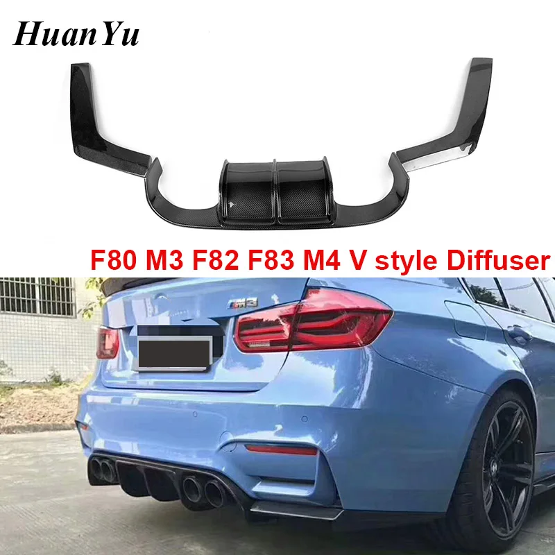 3pcs/Set F80 (M3) F82 F83 (M4) Carbon Fiber Diffuser with Splitter for BMW 3 & 4 Series M4 Back Rear Rear Lip Wings 2014+ V Type