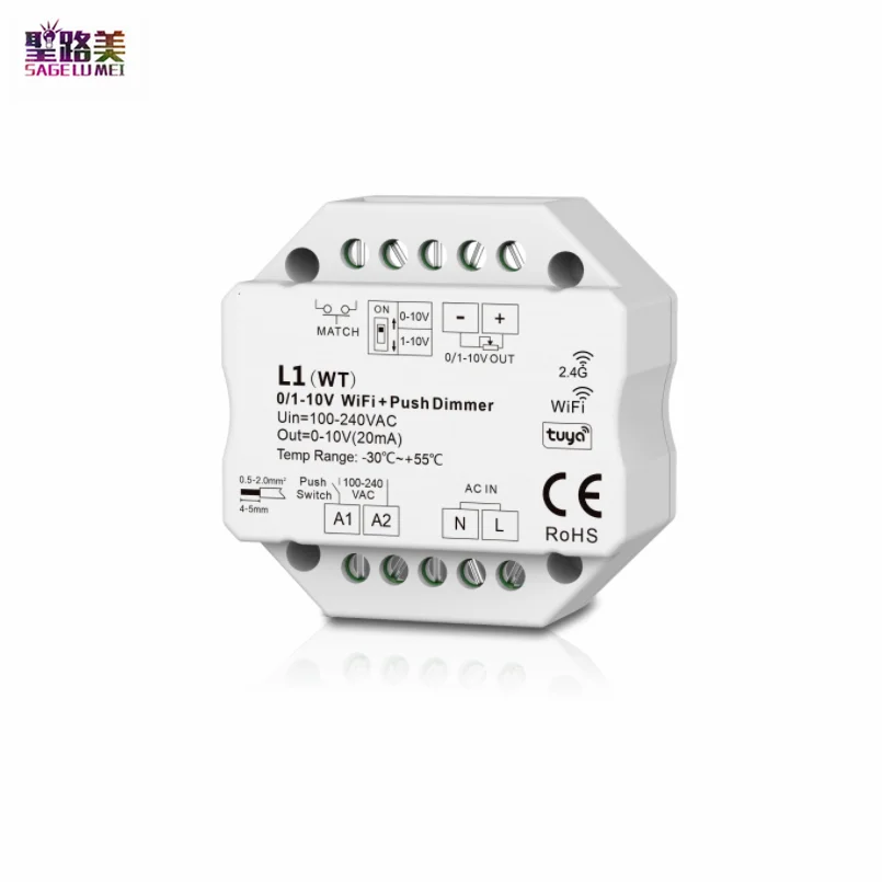 Input AC100-240V Output 0/1-10V 20MA Tuya APP WiFi + 2.4G RF + Push LED Dimmer For 5050 3825 Single color LED strip Light Tape