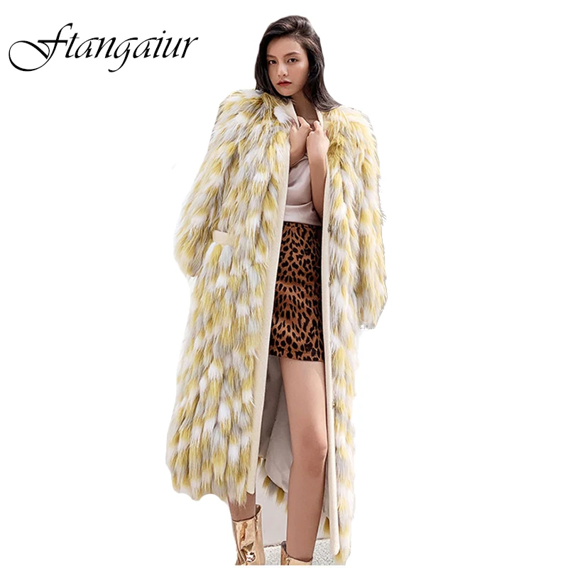 

Ftangaiur New Winter Import Fox Fur Coat Women V-Neck Weave Loss Contrast Color Fox Coats X-Long Natural Real Fox Fur Coats