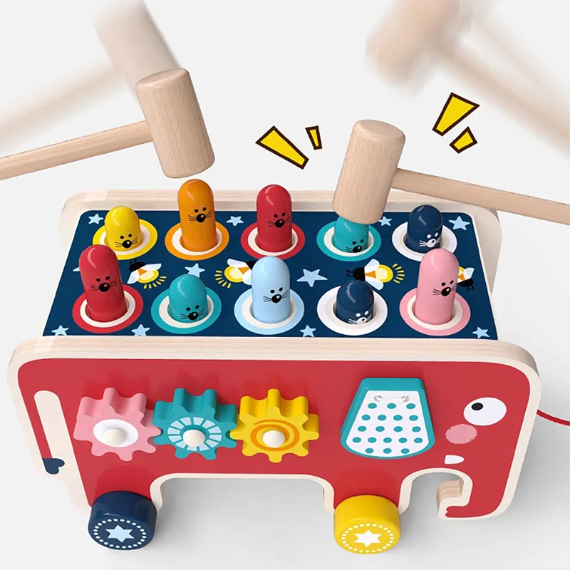 Babytoys Bebe Peuter Kids Houten Leuk Spel Montessori Activiteit Speelgoed Voor Kinderen Olifant Slaan Whack-A-Mole Hamer Beuken