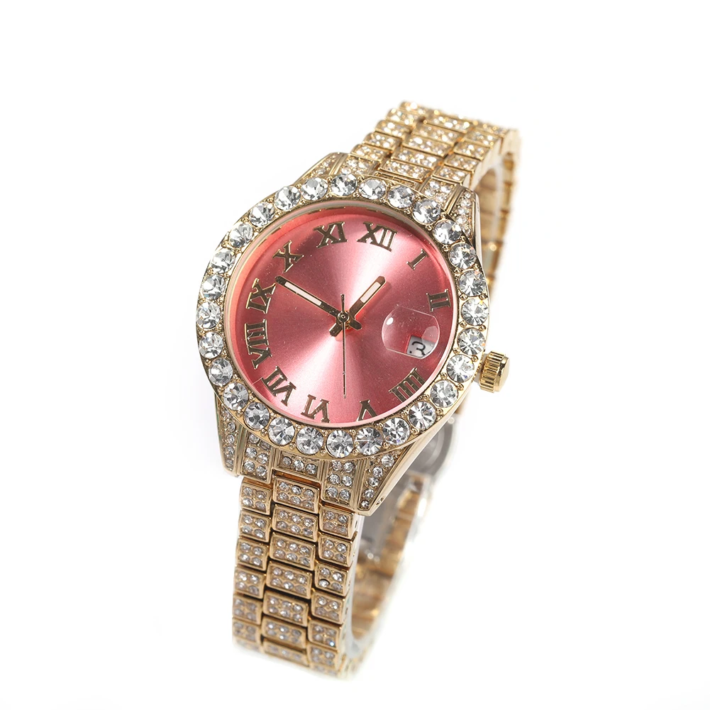 TBTK  Women Watch Baby Pink Dial Iced Out Quartz Clock Luxury Rhinestone Waterproof Wrist Watch Small Size For Women