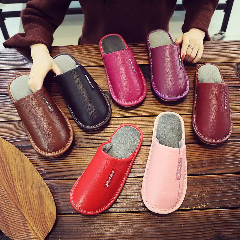 Autumn and winter cow skin cotton slippers men\'s and women\'s indoor antiskid warm waterproof couple leather cotton slippers