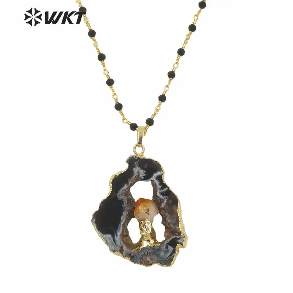 

WT-N974 Wholesale Custom Natural Geode A g a t e With Charm Pendant Necklace Black Rosary Chain Trendy Necklace For Women