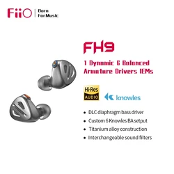 FiiO FH9 Hi-res 1DD+6BA Drivers In-ear HIFI Earphone IEM Earbuds MMCX High-Purity Pure Silver Cable 2.5/3.5/4.4mm 3 Plug Headset