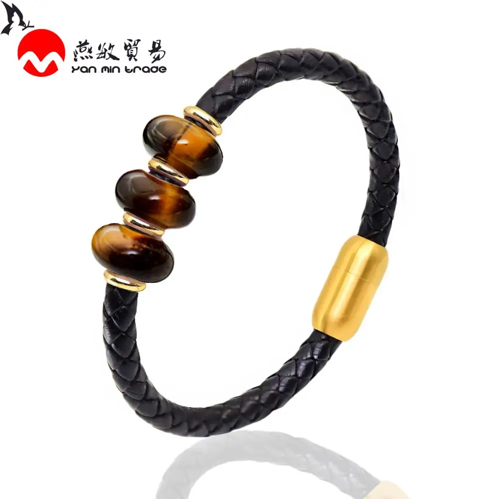 Punk Genuine Leather Men Bracelet 2020 Charms Natural Stone Beads Bracelet Mens Stainless Steel Jewelry Friends Gift