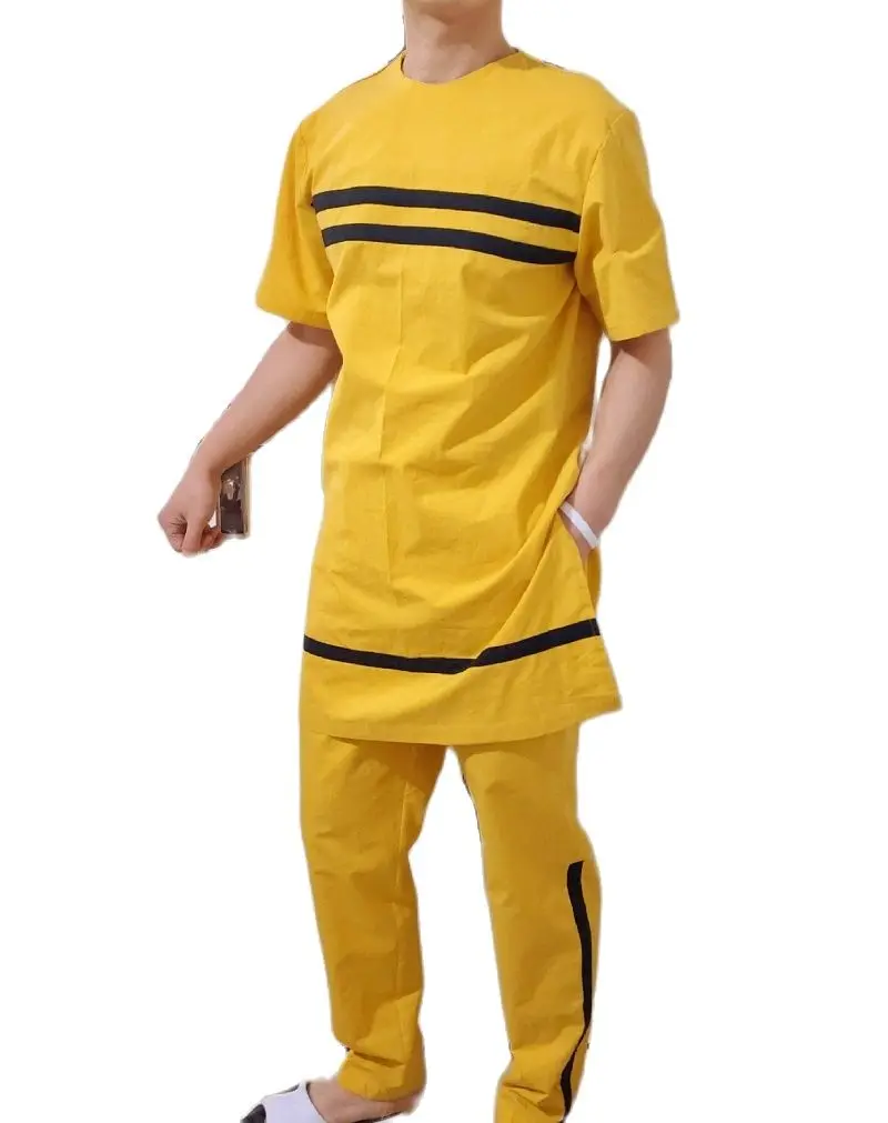 O-collo uomo tuorlo giallo camicie patchwork e pantaloni solidi abiti da sposo da uomo di moda africana su misura abiti da festa di nozze