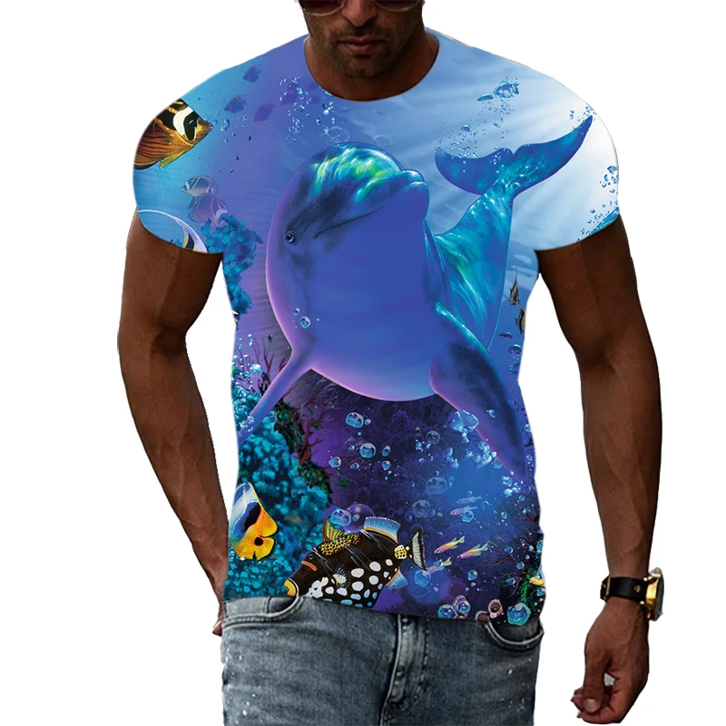 Interesting The underwater world graphic t shirts Men Summer Trend Casual Fish Pattern Print T-shirt Personality Hip Hop tshirt