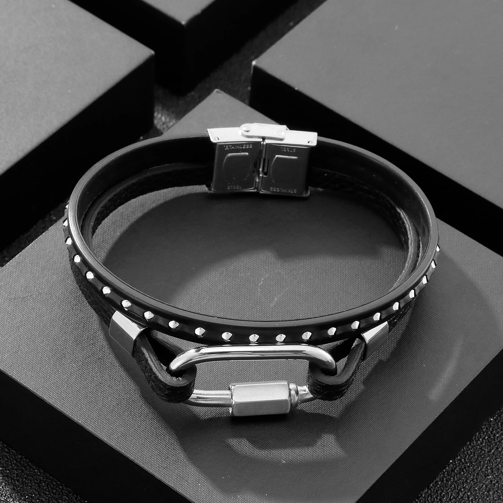 

HaoYi Trendy Double Layer Leather Bracelet Stainless Steel Metal Accessories Punk Men's Jewelry