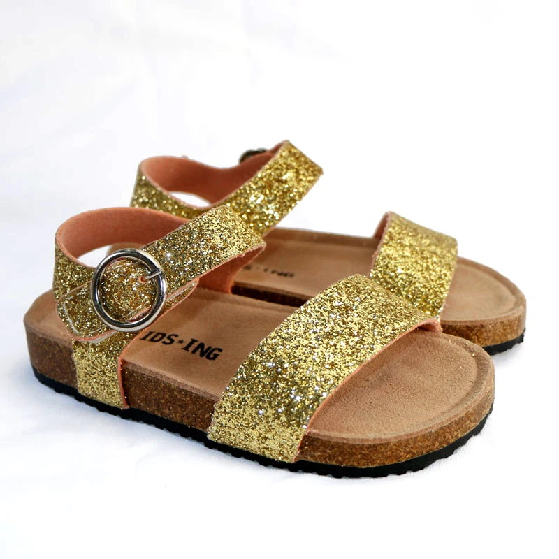 2020 New Summer Giltter Kids Sandals Corks Girls Shoes HOOK&LOOP PU Leather Bling Beach Slides Casual Shoes Slip On Orthopedic