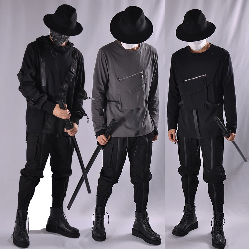 Tactical Functional Cargo Pants Joggers Men Black Elastic Waist Trousers Hip Hop Streetwear Zipper Design Pants Techwear WB376