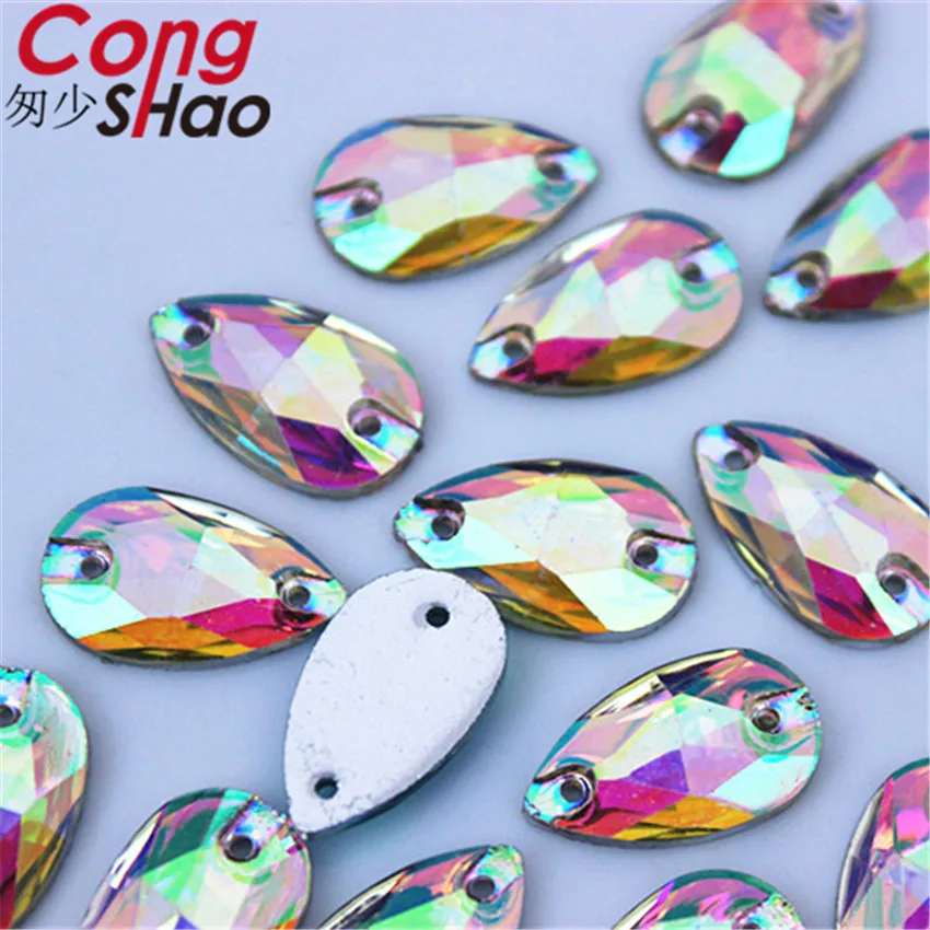 Cong Shao 100pcs 10*18mm Drop Shape Black Crystals AB Rhinestone Flatback Sewing 2 Hole Stones Resin For DIY Wedding Dress WC415