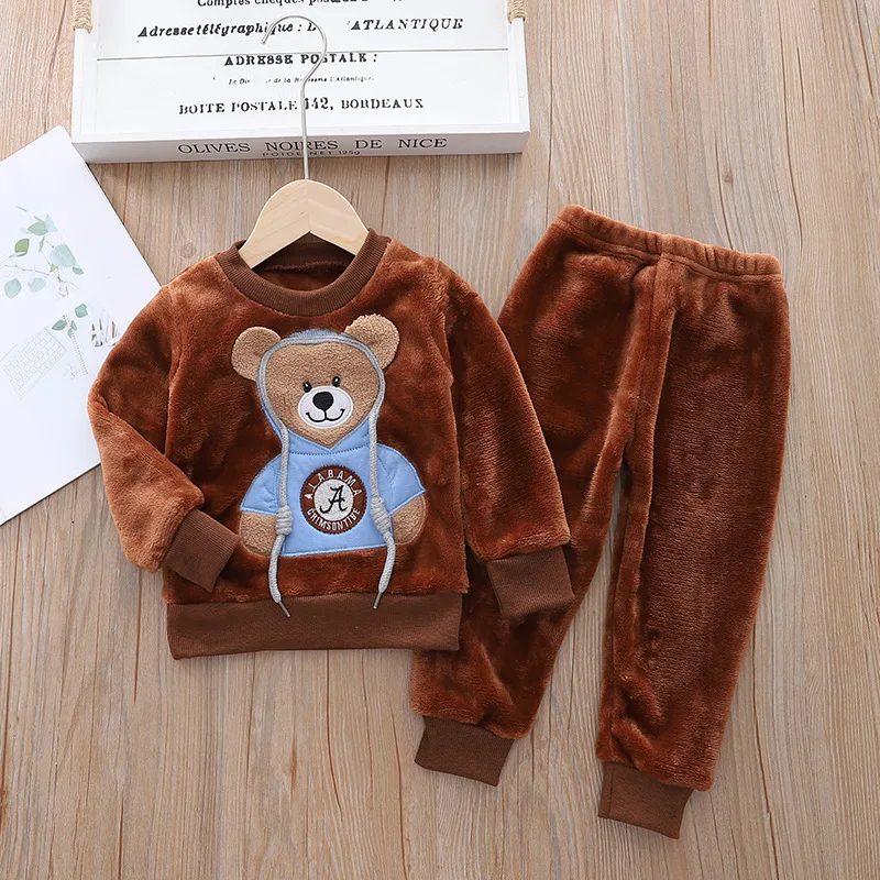 Clothing set flannel sweet cartoon embroidered winter thick warm coat jacket + pants 1-6 years boys girls Quality childr clothes