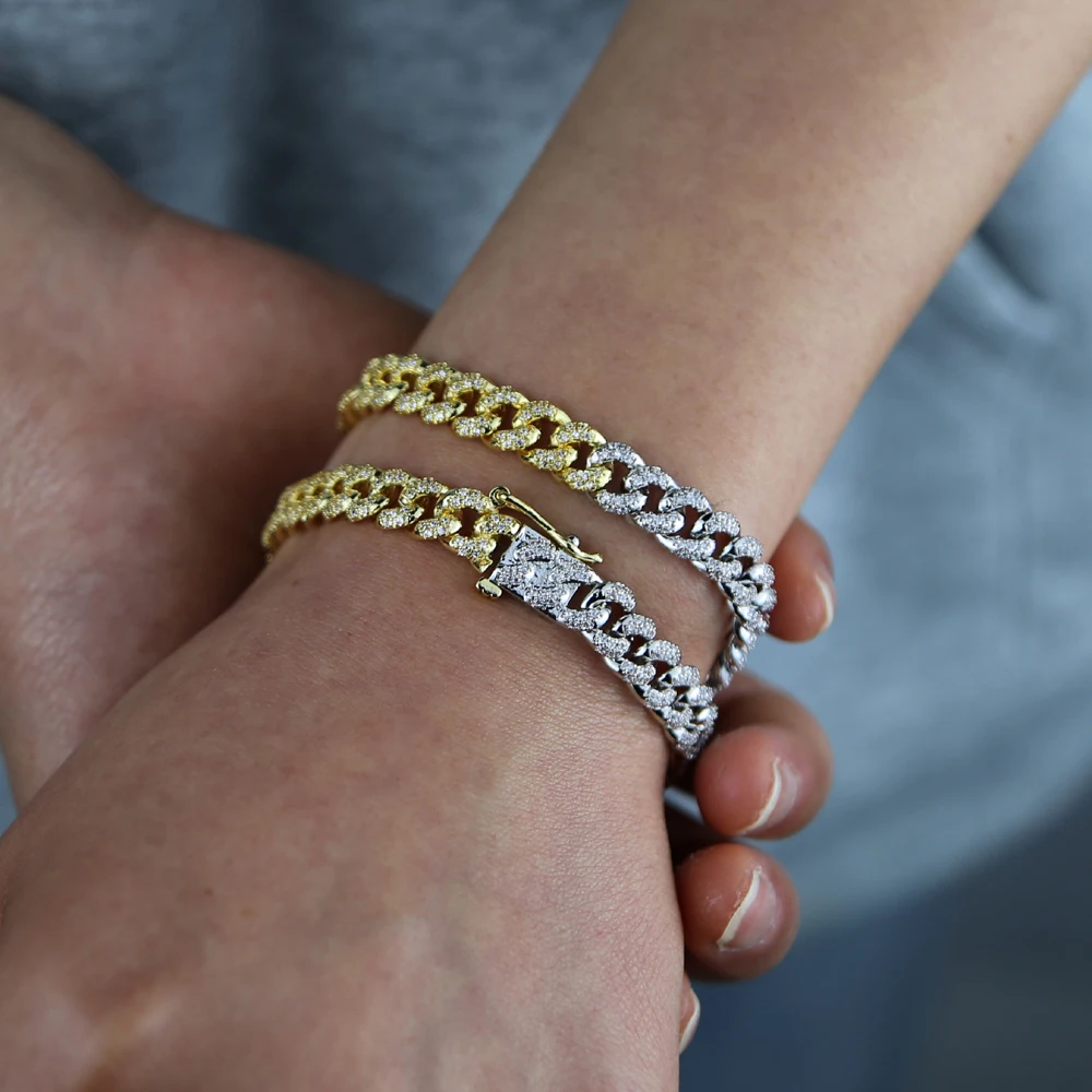 2026 New European Women Chain Jewelry Two Tone Gold Color Half White Half Yellow Micro Pave CZ Cuban Bracelet