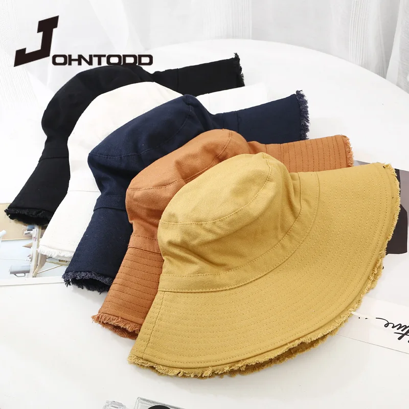 

2021 Spring Summer Women Solid Color Bucket Hat Panama Big Brim Hats Cotton Fisherman Fishing Hunting Cap Outdoor Sunhats Gorras