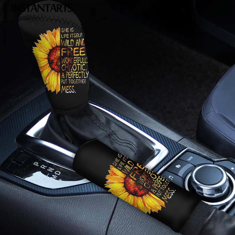 INSTANTARTS Gold Sunflower Fashion Design Universal Stylish Car Hand Brake Protector Covers Durable Auto Interior Accessories