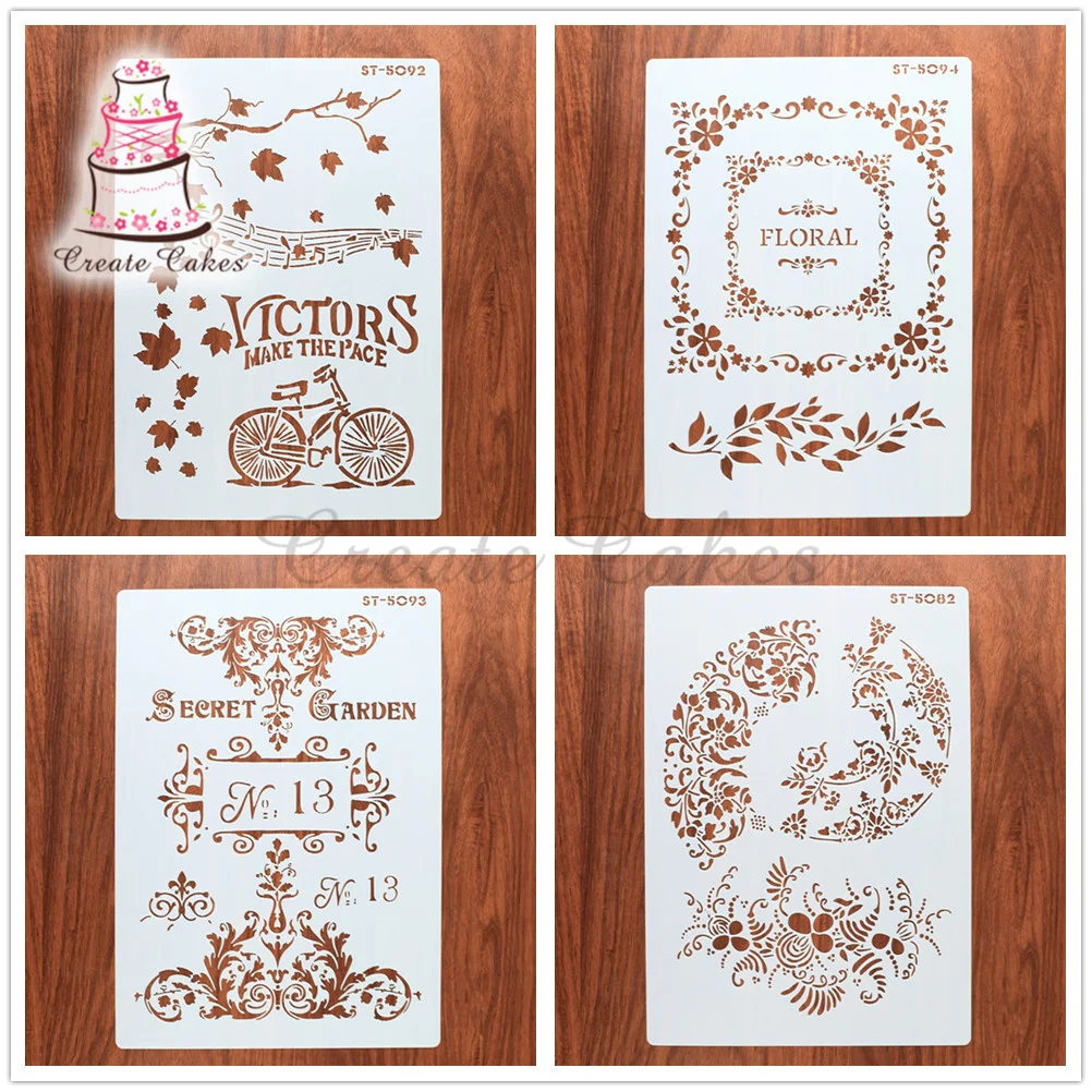 4pcs/set A4 Size 21*29cm Flowers Stencil For Walls Painting Cake Decorating Fondant Tools Cupcake Baking Tool Wall Stencil