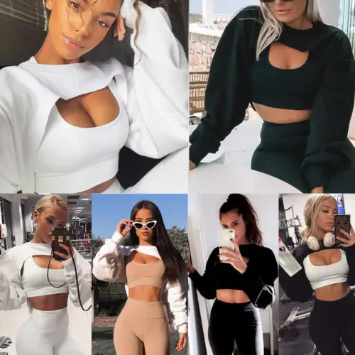 New Sexy Cutout Pullover Tops Sweatshirts Women Long Sleeve Black White Fashion Jacket Jumper Short Hoodies