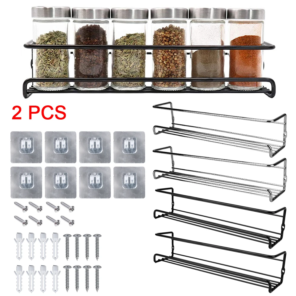 2 Pcs Metal Hanging Racks Seasoning Shelf Kitchen Organizer Spice Jar Storage Rack Single Layer For Home Restaurant Wall-Mounted