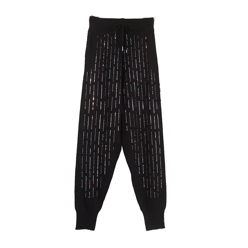 Pantalones informales de cintura alta con diamantes para mujer, pantalón holgado de punto negro que combina con todo, bombachos, caliente, Otoño e Invierno