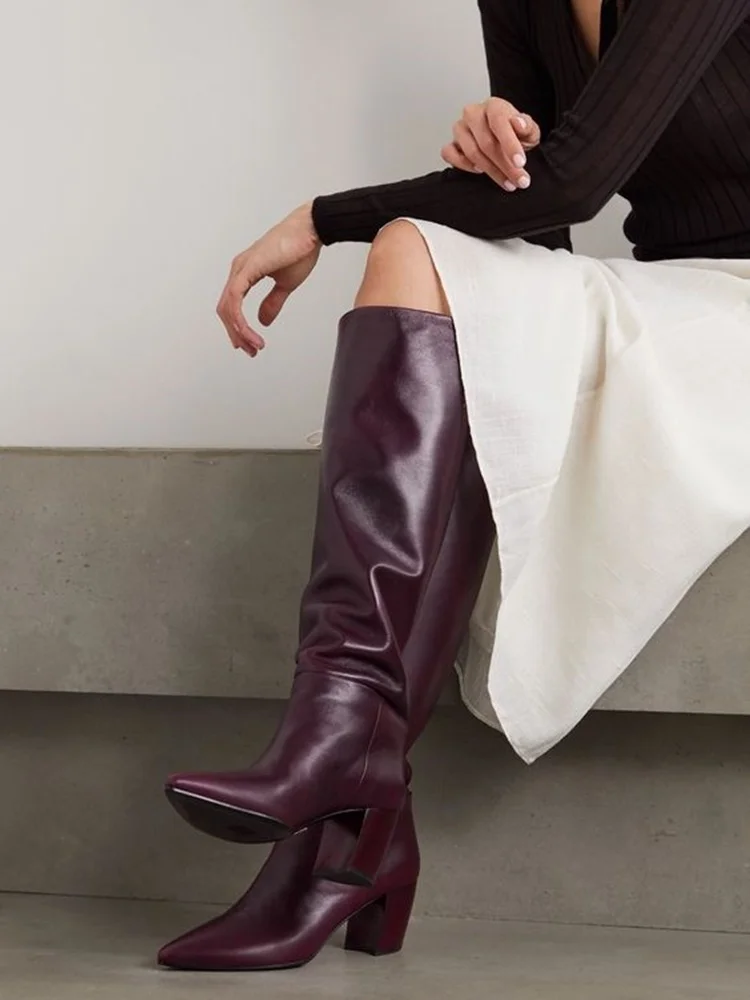 

Burgundy Block Chunky Heel Boots Knee High Sexy Pointed Toe Leather Runway Dress Women Boots High Heel Slip On Dress Boots